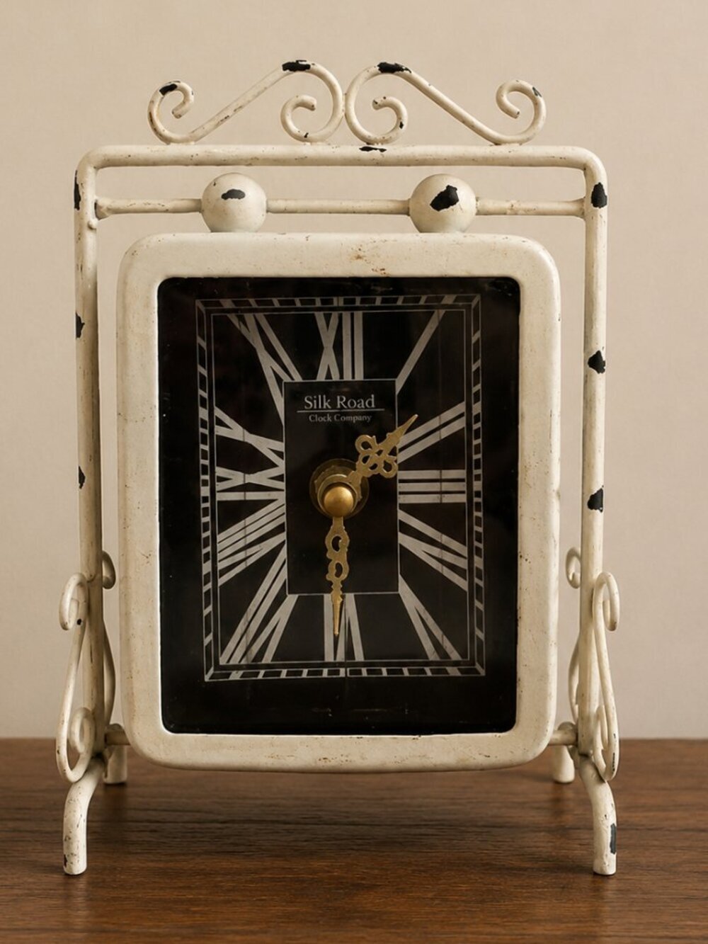 Silk Road Clock Company Distressed White Metal Table Clock Rustic Vintage